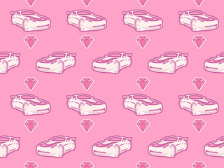 Doodle car background pink. Seamless baby pattern in vector. Texture for wallpaper, fills, web page background.