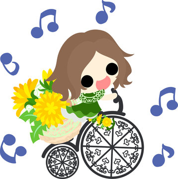Illustration of a cute girl and a bicycle and dandelion