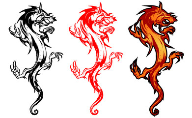 Black and red tribal dragon tattoo vector illustration. Dragon in Fire. Chinese Dragon Traditional Culture, vector illustration cartoon. Perhaps the use of tattoos, printing on paper, cloth, clothing.