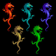 Set on fire dragons of different colors on a black background. Chinese Dragon Traditional Culture, vector illustration cartoon. Perhaps the use of tattoos, printing on paper, cloth, clothing.
