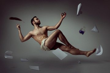 Half naked handsome man poet levitating with his literary things - obrazy, fototapety, plakaty