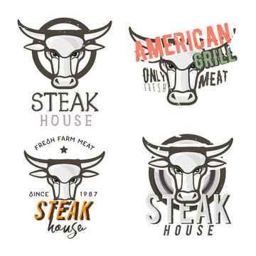 Set of "steak house" emblems, bdges, labels with retro-styled bull's head