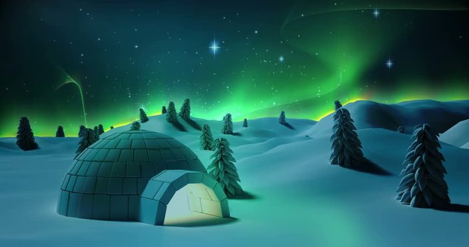 Illustration of igloo and snow covered trees on a snowy landscape during christmas time 4k
