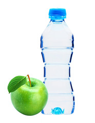 Blue bottle with water and fresh green apple isolated on white