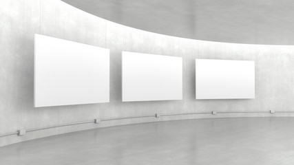 Empty modern exhibition gallery interior and hanging white canvas with light from ceiling. 3D rendering.
 - obrazy, fototapety, plakaty