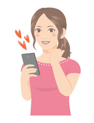 Naklejka premium スマホを持つ女性 ハート