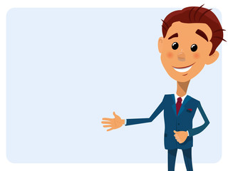 Cartoon close-up vector illustration businessman pointing to the lateral