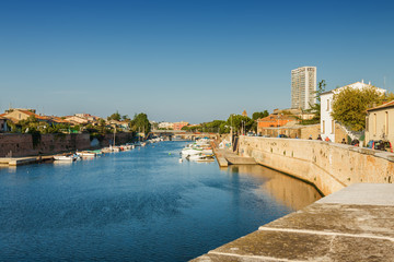 Sunset view from bridge of Tiberius (Ponte di Tiberio) in Rimini, Emilia-Romagna region, Italy.