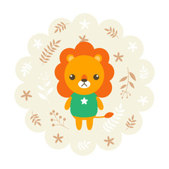 lion. vector illustration cartoon , mascot. funny and lovely design. cute animal on a floral background. little animal in the children's book character style.