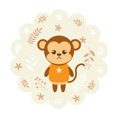 Obraz na płótnie Canvas monkey. vector illustration cartoon , mascot. funny and lovely design. cute animal on a floral background. little animal in the children's book character style.