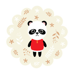 panda bear. vector illustration cartoon , mascot. funny and lovely design. cute animal on a floral background. little animal in the children's book character style.