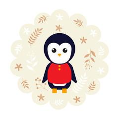 penguin bird. vector illustration cartoon , mascot. funny and lovely design. cute animal on a floral background. little animal in the children's book character style.