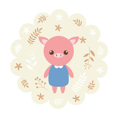 pig. vector illustration cartoon , mascot. funny and lovely design. cute animal on a floral background. little animal in the children's book character style.
