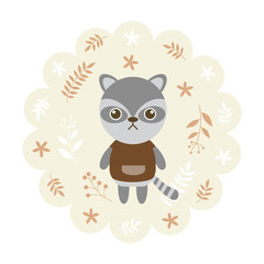 raccoon. vector illustration cartoon , mascot. funny and lovely design. cute animal on a floral background. little animal in the children's book character style.