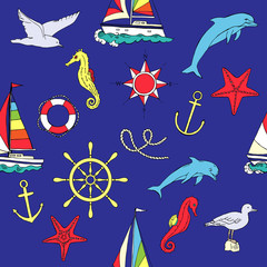 Nautical seamless pattern with ships