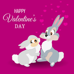 Valentine card with Lovers Rabbits. Two Cute Rabbits on a hearts background.