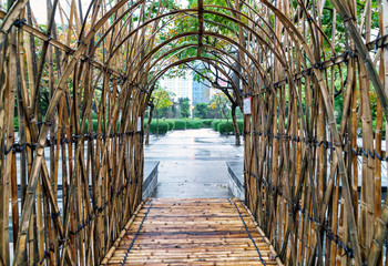 Wattled bamboo decorated arc-shaped passage in Kowloon Park, Hong Kong