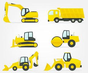 collection of construction machinery from excavator, dump truck, bulldozer, road roller, loader, tractor