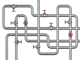 Glossy pipes and valves connection. 3d render.