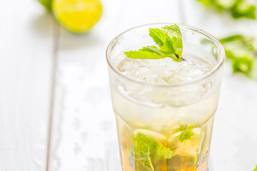 Homemade Mojito Cocktail on the White Wooden Rustic Table, Selective Focus, Free Space for Text