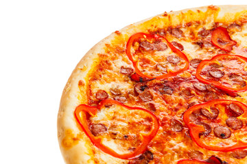 Part of delicious classic italian Pizza with spicy sausages, pepper, garlic and cheese.