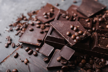 Broken slices of chocolate and coffee beans. Chocolate chocolate chunks. Chocolate bar pieces. A large bar of chocolate . Background with chocolate