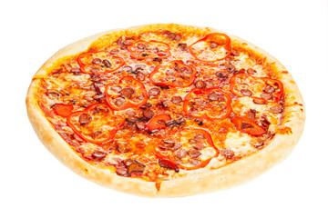 Delicious classic italian Pizza with spicy sausages, pepper, garlic and cheese.