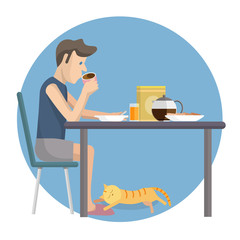Vector flat design illustration of man eating breakfast at home