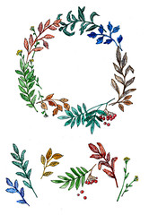 венок из листьев, акварельная иллюстрация