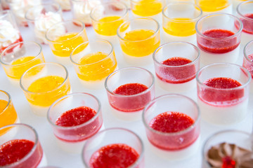 Color jelly fruit pudding recipes sweet dessert cocktail dinner prepare to serve in glass cup at the hotel.