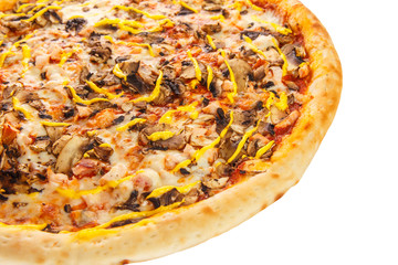 Part of delicious classic italian Pizza with spicy chicken, mushrooms and cheese.