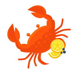 Crab with lemon vector illustration. Fresh seafood icon.