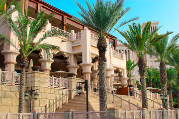 DUBAI, UAE - MAY, 2014: The stairs up to the entrance of the luxury hotel Al Qasr at Madinat...