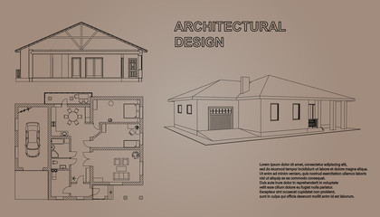 Perspective 3D, floor plan and cross section suburban house. Drawing of the building. Cottage project on kraft paper. Vector vintage blueprint.