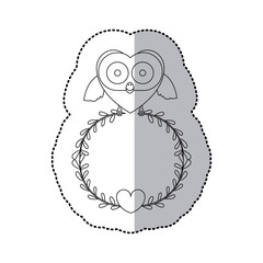 sticker monochrome with half shadow and owl holding crown of branchs with leaves and heart . Vector illustration