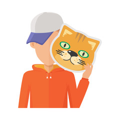 Man with Cat Mask Flat Design Vector Illustration