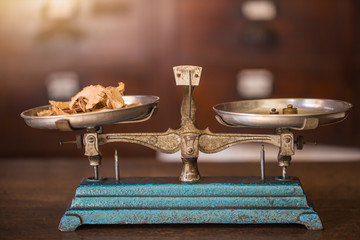 vintage herbal shop, dried galangal on old balance scale in herb store.