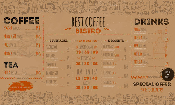 Vintage hipster bistro menu design on crafted paper background. Coffee restaurant