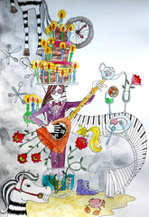 фантастическая иллюстрация про День рождение, праздничный торт и музыка © katushello