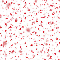 Fototapeta na wymiar Valentines Day background of red hearts petals falling on white background. Symbol of love for the label gift packages. Flower petal in shape of heart confetti. Decor pink element for greeting cards.