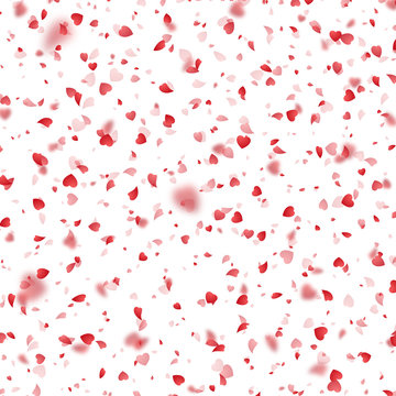 Valentines Day background of red hearts petals falling on white background. Symbol of love for the label gift packages. Flower petal in shape of heart confetti. Decor pink element for greeting cards.