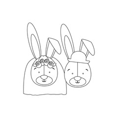 monochrome contour with faces couple of married rabbits vector illustration
