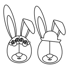 monochrome contour with faces couple of rabbits without eyes vector illustration