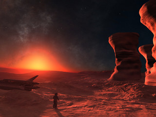 3d illustration science-Fiction landscape cosmonaut exploring wild alien planet