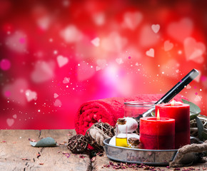 spa massage setting, lavender product, oil on wooden background, Vlaentine day background