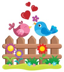 Obraz na płótnie Canvas Valentine birds on fence theme 1