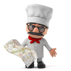 3d Funny cartoon Italian pizza chef character reading a map