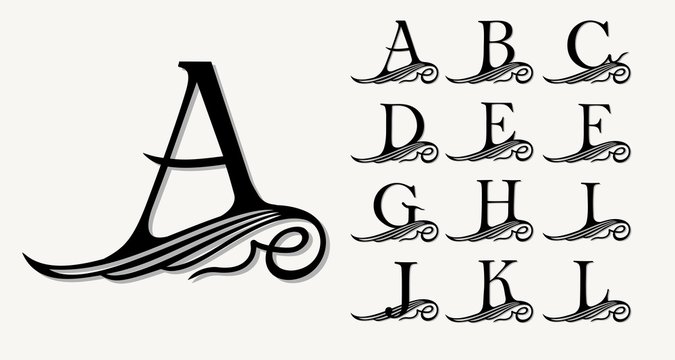 Vintage Set 1. Calligraphic capital letters with curls for Monograms, Emblems and Logos. Beautiful Filigree Font. Is at Conceptual wing or waves . Baroque style