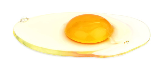 Fresh raw egg with orange yolk without the shell, isolated on a white background.