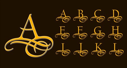 Vintage Set 1. Calligraphic capital letters with curls for Monograms and Logos. Beautiful Filigree Font With elements of Arabic calligraphy